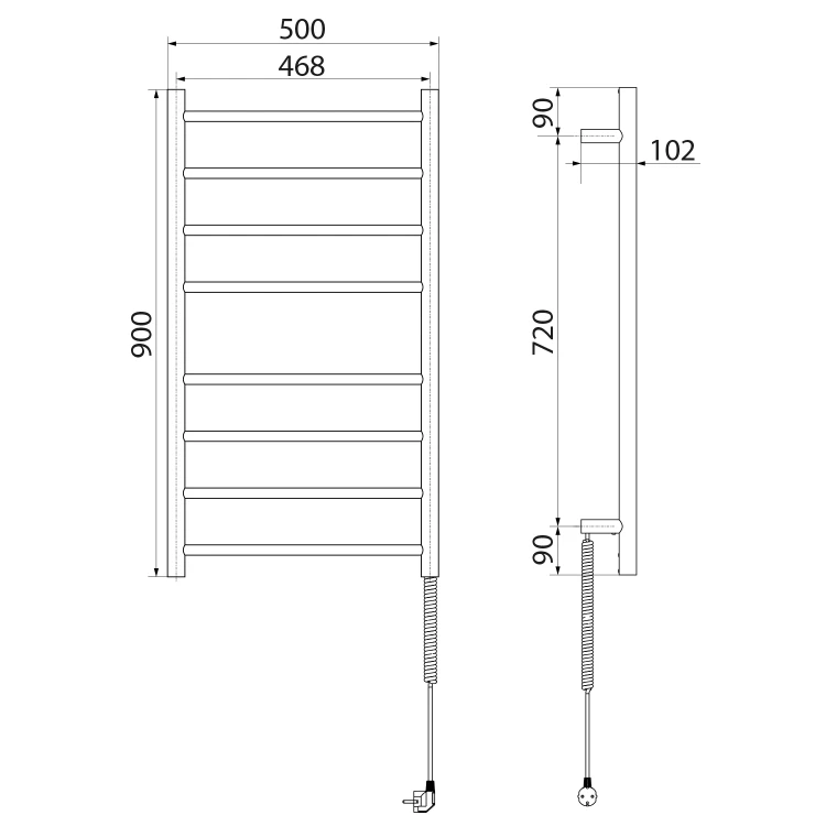 Rysunek techniczny - REDONDO elektryczna suszarka na ręczniki, okrągła, 500x900 mm, 75 W, stal nierdzewna polerowana