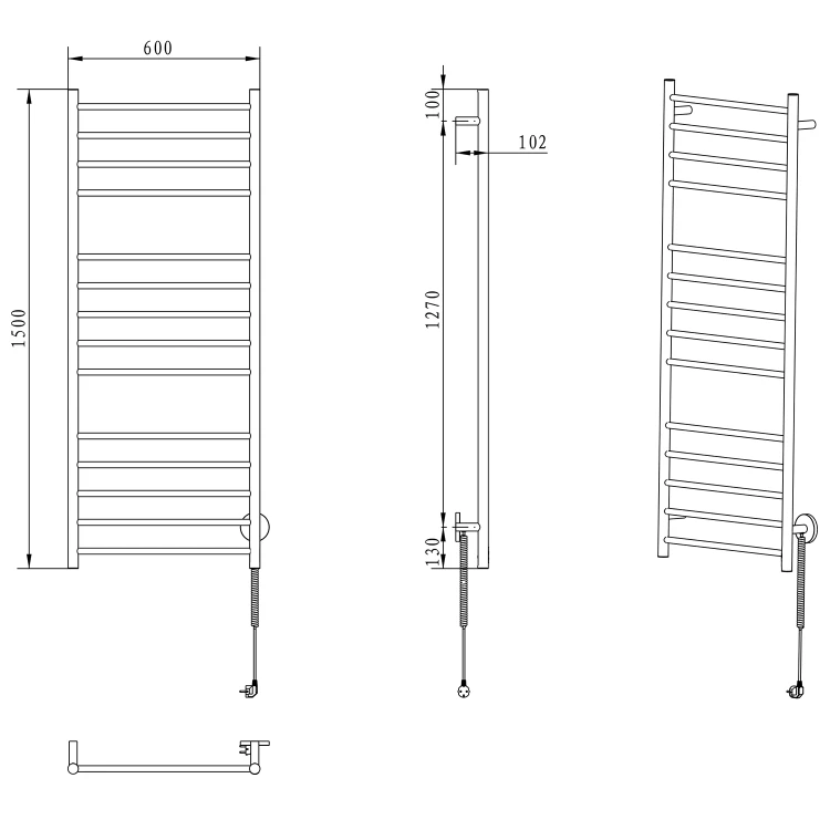 Rysunek techniczny - REDONDO elektryczna suszarka na ręczniki, okrągła, 600x1500 mm, 130 W, stal nierdzewna polerowana