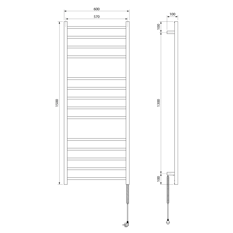 Rysunek techniczny - ESKINADO elektryczna suszarka na ręczniki, kwadratova, 600x1500 mm, 130 W, stal nierdzewna polerowana