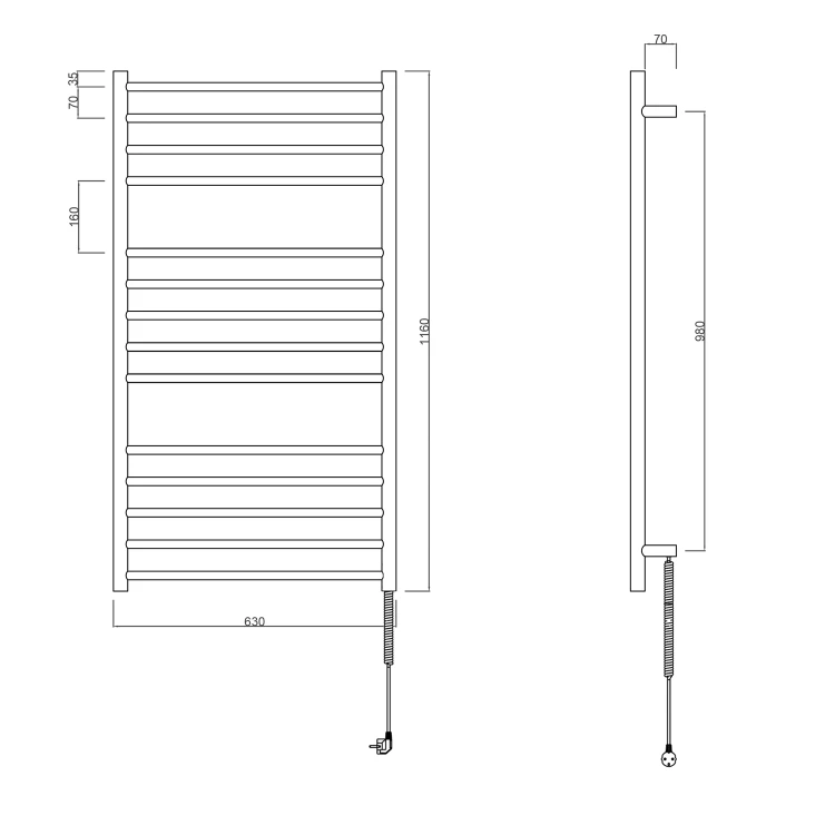 Rysunek techniczny - REDONDO elektryczna suszarka na ręczniki, okrągła, 630x1160 mm, 130 W, czarny