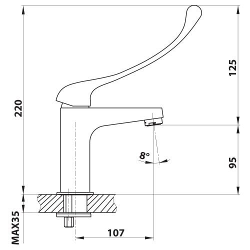 Rysunek techniczny - SIEGER bateria umywalkowa bez odpływu, wysokość 150mm, dźwignia medyczna, chrom