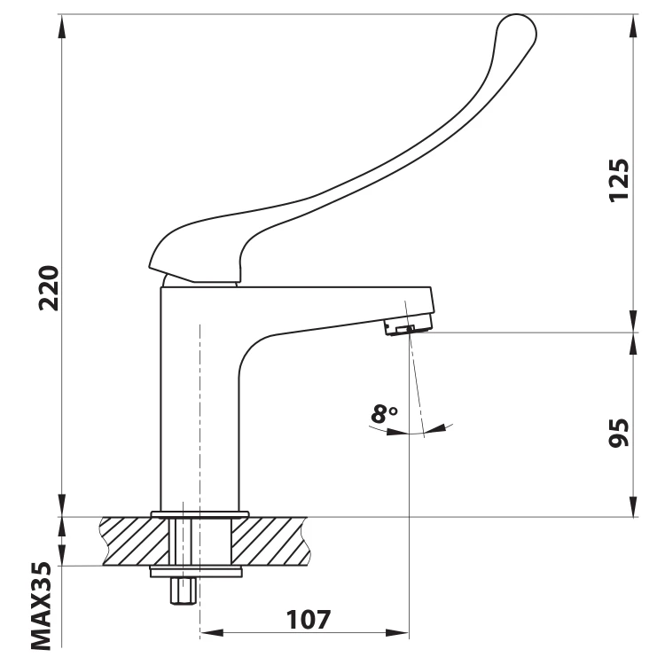 Rysunek techniczny - SIEGER bateria umywalkowa bez odpływu, wysokość 150mm, dźwignia medyczna, chrom