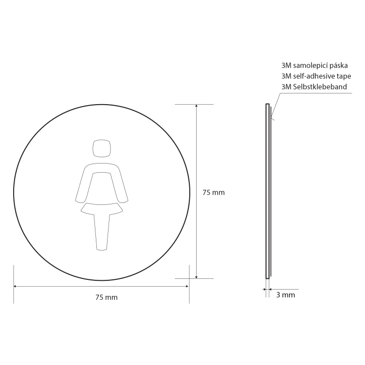 Rysunek techniczny - WC damski tabliczka, średnica 75mm, stal nierdzewna mat