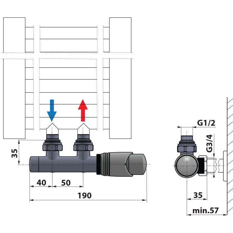 Rysunek techniczny - WICHER zestaw przyłączeniowy zespolony z termostatem, rozstaw 50mm, chrom