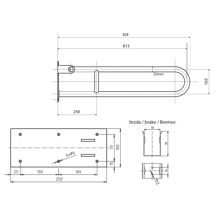 Rysunek techniczny - HANDICAP poręcz składana 813mm, biały