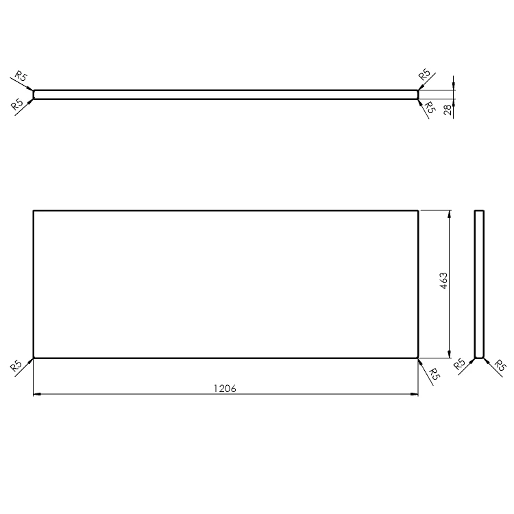 Rysunek techniczny - Blat WOODY 1206x28x463mm, lite drewno dąb naturalny