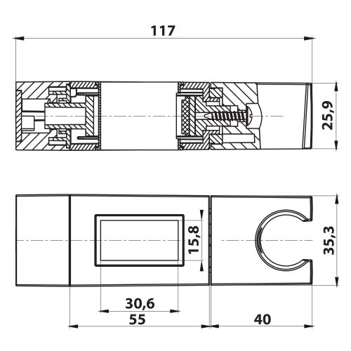 Rysunek techniczny - Uchwyt na drążek prysznicowy 30x15mm, ABS/czarny mat