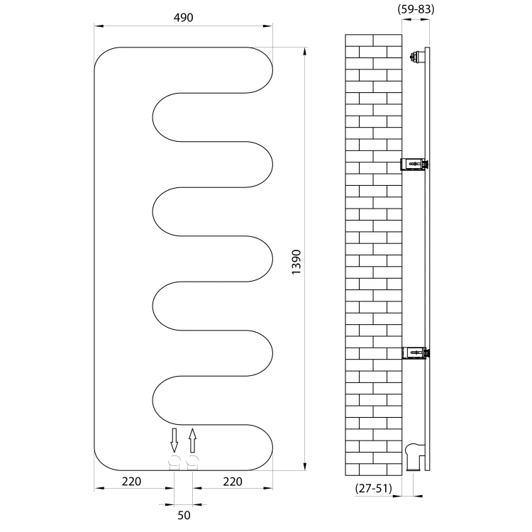 Rysunek techniczny - EVOLLA grzejnik łazienkowi 490x1390mm, czarny mat