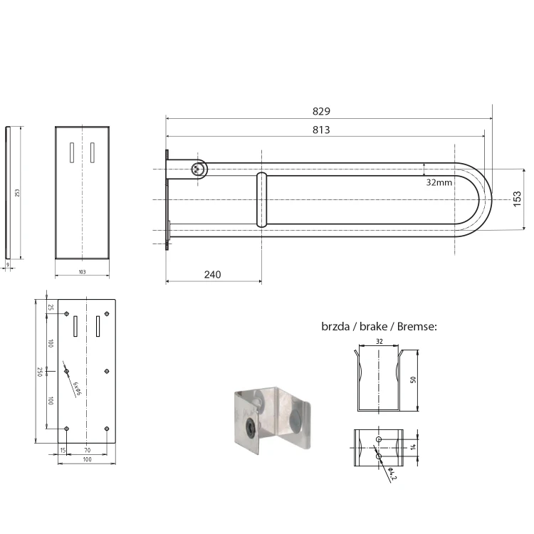 Rysunek techniczny - HANDICAP poręcz składana 813mm, czarny