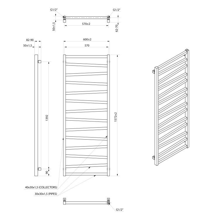 Rysunek techniczny - ZIG grzejnik łazienkowi 600x1572mm, czarny mat