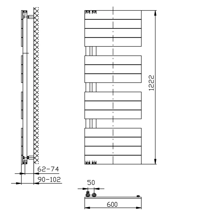 Rysunek techniczny - MILI grzejnik łazienkowy 600x1222mm, czarny mat