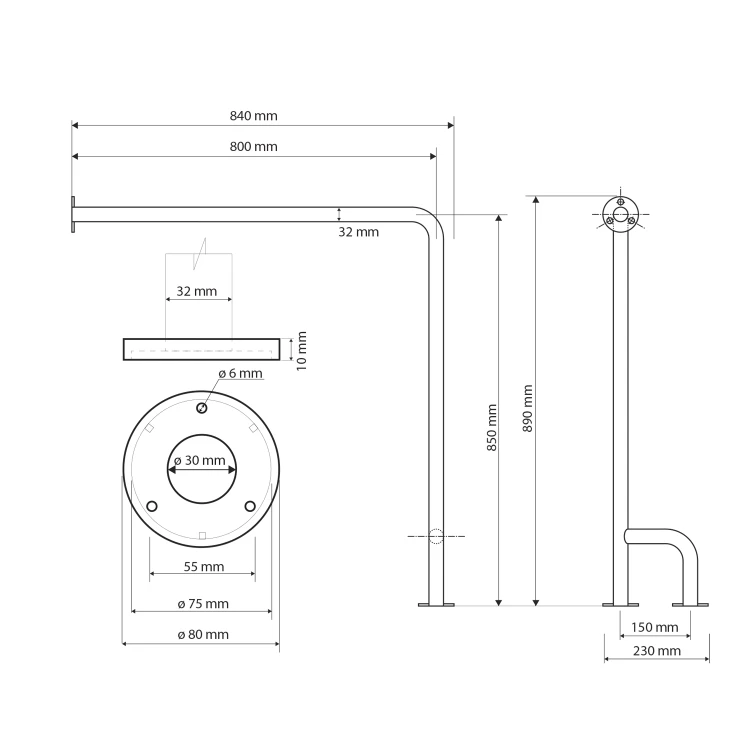 Rysunek techniczny - HANDICAP poręcz wspierająca 800x850mm, biały