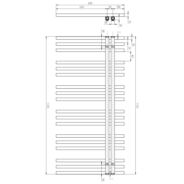 Rysunek techniczny - SOPHINA grzejnik łazienkowy 600x1215 mm, biały mat