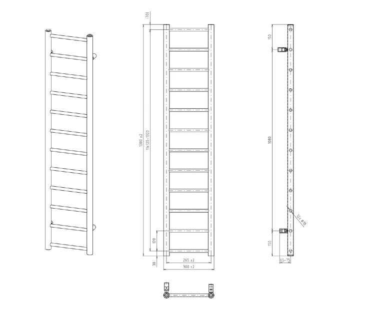 Rysunek techniczny - DINA grzejnik łazienkowy 300x1380 mm, biały