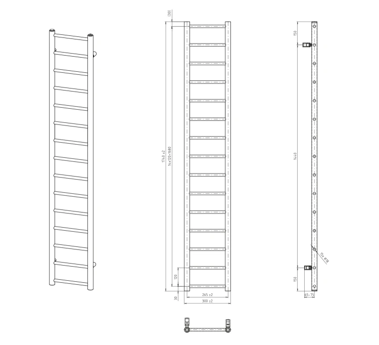 Rysunek techniczny - DINA grzejnik łazienkowy 300x1740 mm, biały