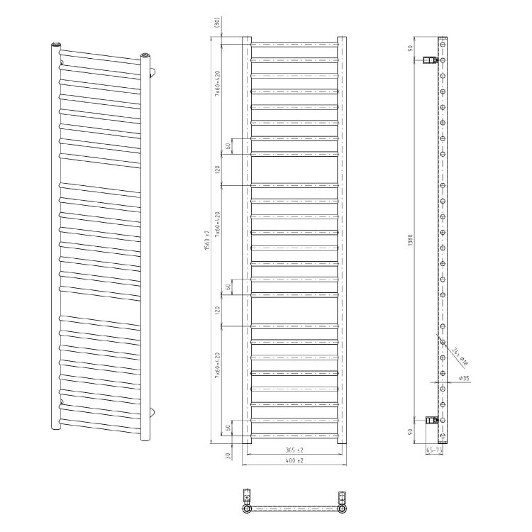Rysunek techniczny - DINA grzejnik łazienkowy 400x1560 mm, biały