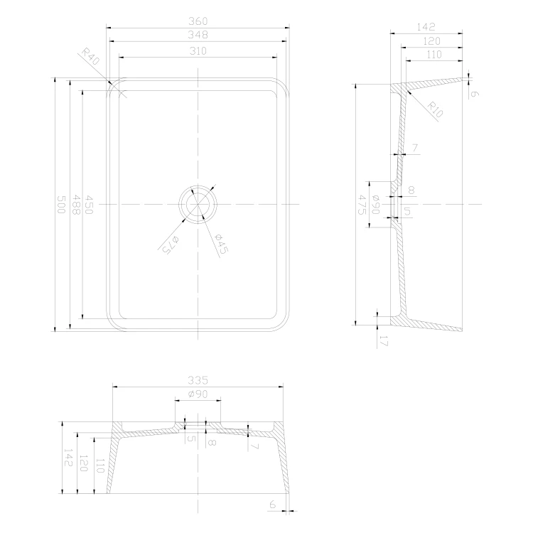 Rysunek techniczny - THIN umywalka nablatowa 50x37 cm, biały mat
