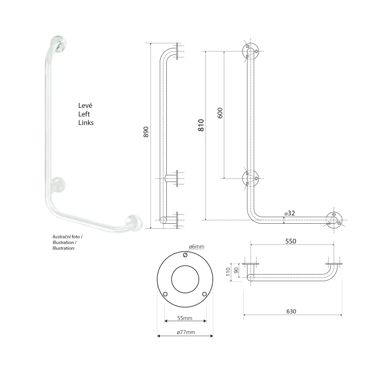 Rysunek techniczny - HANDICAP poręcz ścienna lewa 810x550mm, biały