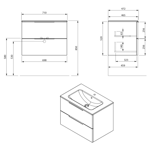 Rysunek techniczny - CIRASA szafka pod umywalkę 69,8x52x46cm, biały połysk