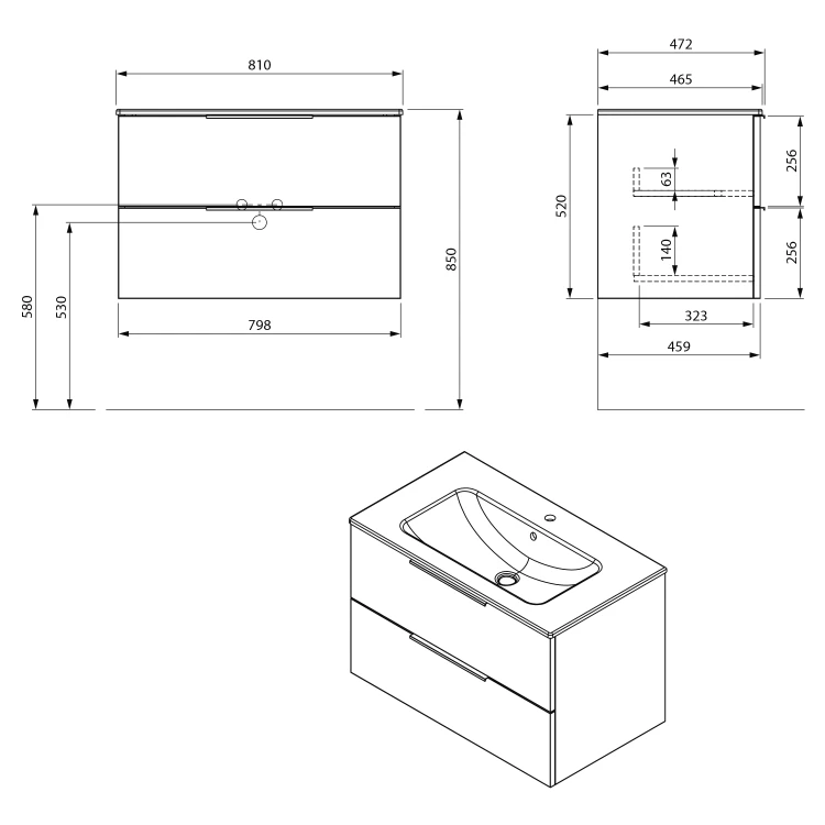 Rysunek techniczny - CIRASA szafka pod umywalkę 79,8x52x46cm, dąb srebrny