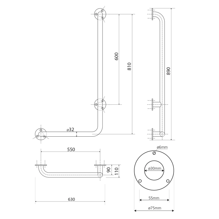 Rysunek techniczny - HANDICAP poręcz ścienna 810x550mm, stal nierdzewna polerowana