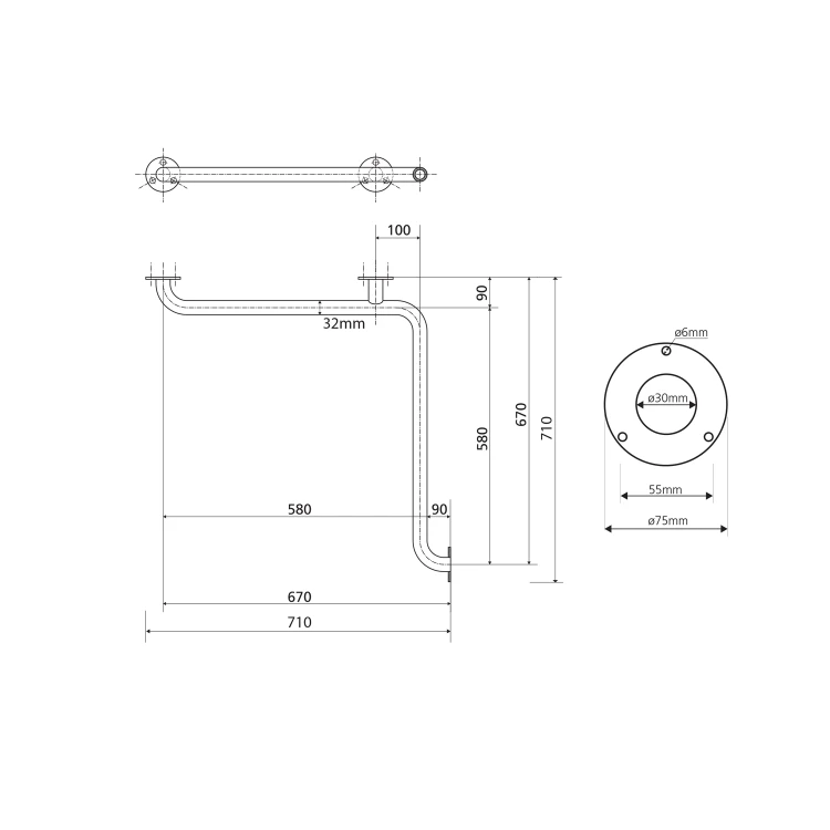 Rysunek techniczny - HANDICAP poręcz do prysznica 670x670mm, biała