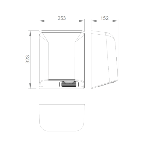 Rysunek techniczny - BIGFLOW elektryczna suszarka do rąk, bezdotykowa 220-240V, 2050W, 253x323x152mm,  biały