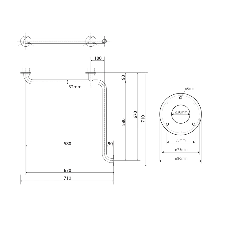 Rysunek techniczny - HANDICAP poręcz do prysznicaa 670x670mm, stal nierdzewna polerowana