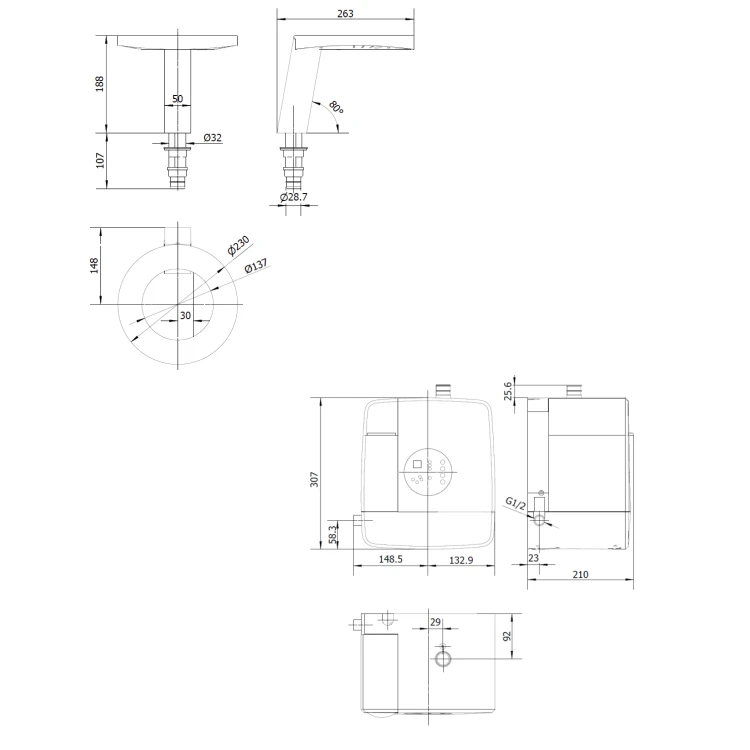 Rysunek techniczny - CONCEPT bateria stojąca z czujnikiem, z dozownikiem mydła i suszarką do rąk, wysokość 188mm, chrom