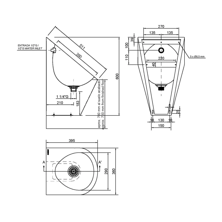 Rysunek techniczny - Pisuar, 360x600x395 mm, zasilanie tylne, stal nierdzewna mat