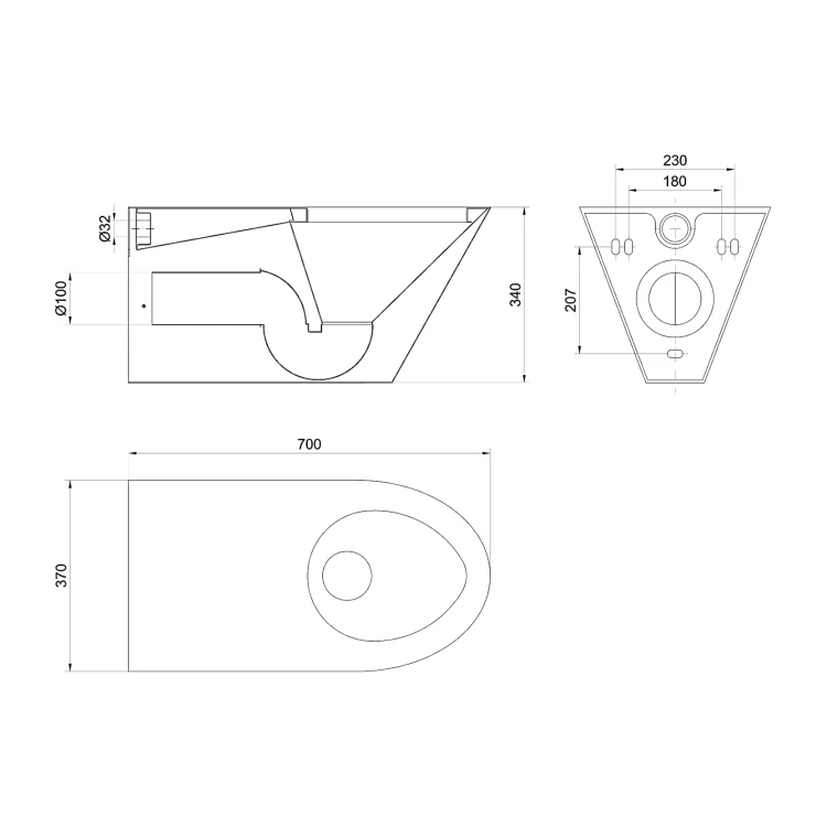Rysunek techniczny - Miska WC wisząca 370x340x700, stal nierdzewna mat