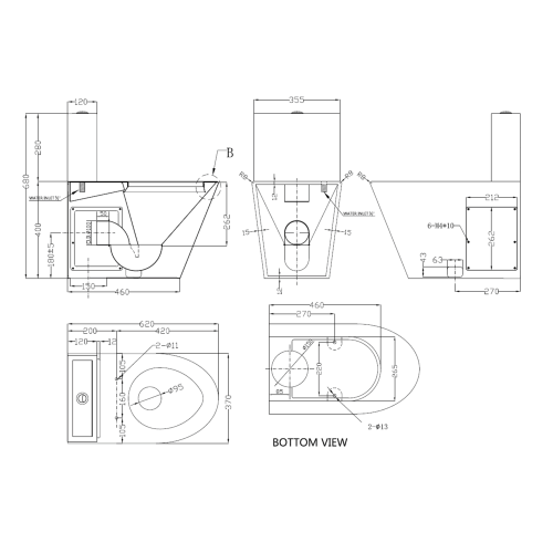 Rysunek techniczny - Kompakt WC ze zbiornikiem i mechanizmem spłukującym i deską WC, 370x680x620 mm, stal nierdzewna mat