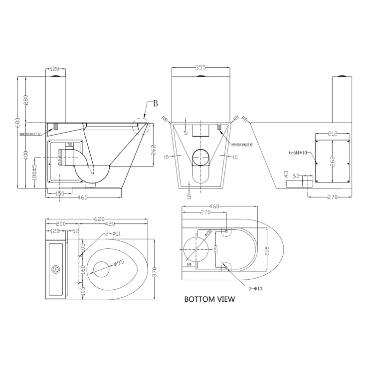 Rysunek techniczny - Kompakt WC ze zbiornikiem i mechanizmem spłukującym i deską WC, 370x680x620 mm, stal nierdzewna mat