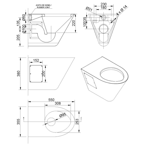Rysunek techniczny - WC wiszące 380x300x550 mm, stal nierdzewna mat