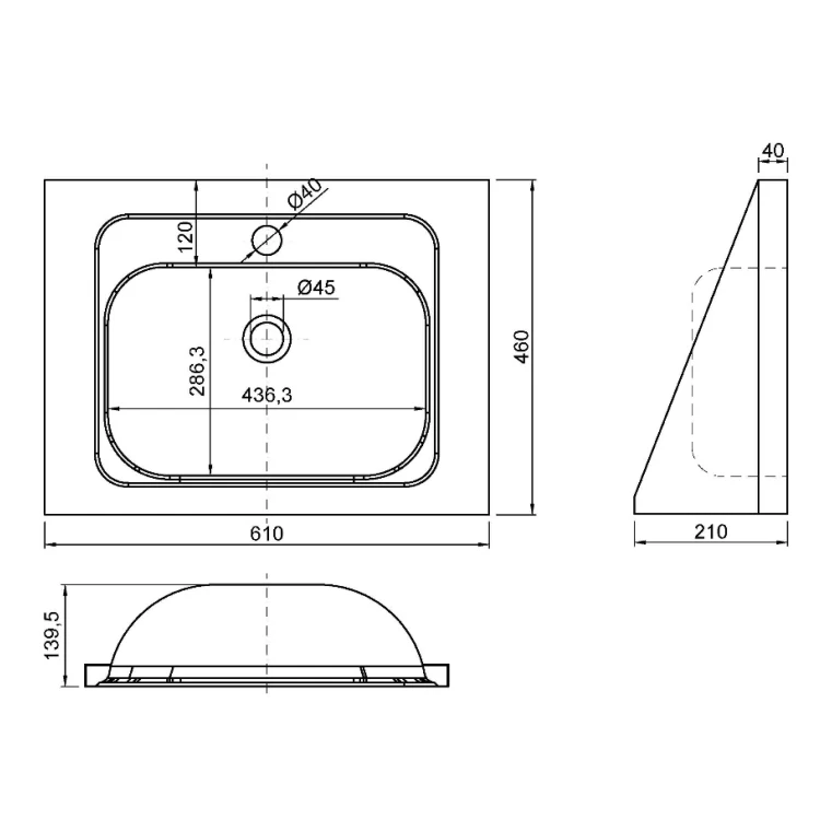 Rysunek techniczny - Umywalka ścienna 610x210x460 mm, stal nierdzewna mat