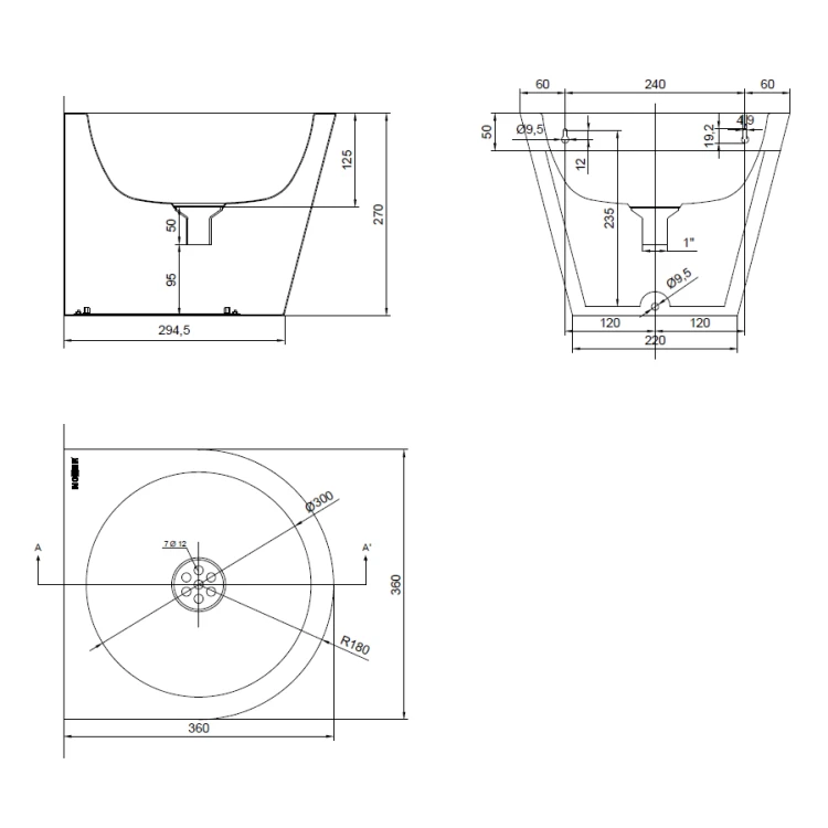 Rysunek techniczny - Umywalka  ścienna bez otworu na baterię 360x270x360 mm, stal nierdzewna mat