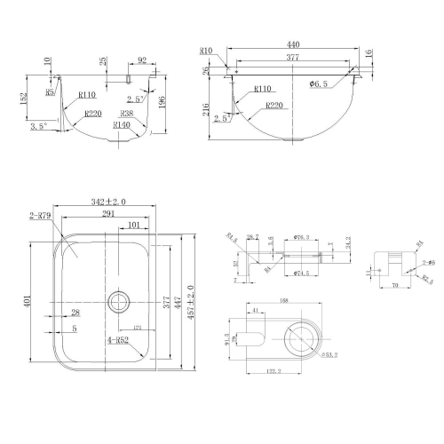 Rysunek techniczny - Komora gospodarcza ścienna  460x246x342 mm, ścianka tylna, ruszt, stal nierdzewna mat