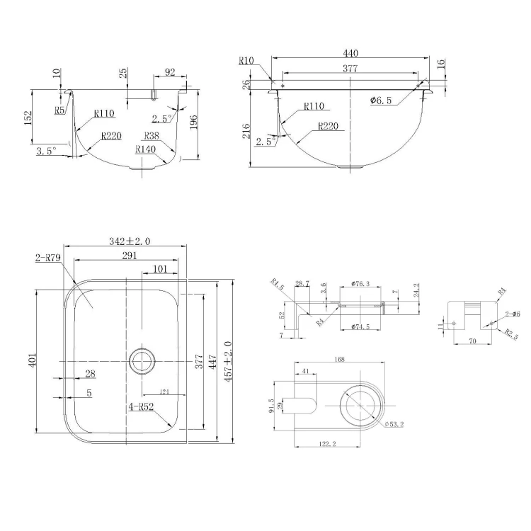 Rysunek techniczny - Komora gospodarcza ścienna  460x246x342 mm, ścianka tylna, ruszt, stal nierdzewna mat