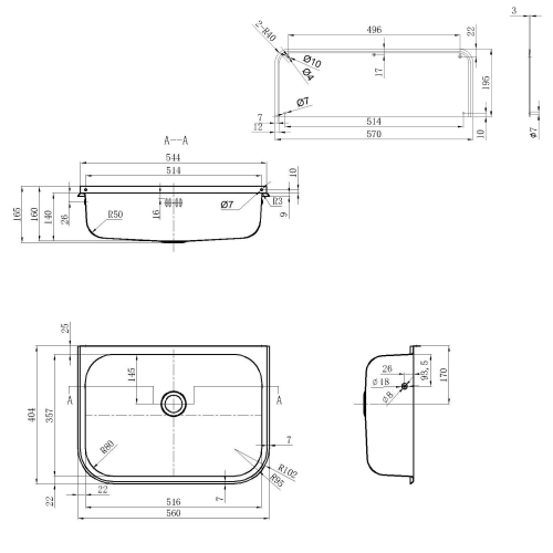Rysunek techniczny - Komora gospodarcza ścienna  560x165x404 mm, ścianka tylna, ruszt, stal nierdzewna mat
