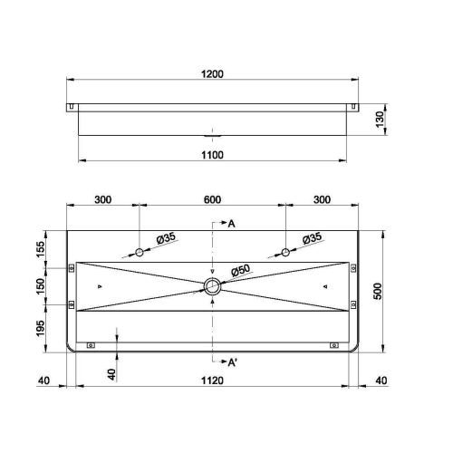 Rysunek techniczny - Umywalka wielostanowiskowa ścienna 1200x130x500  mm, stal nierdzewna mat