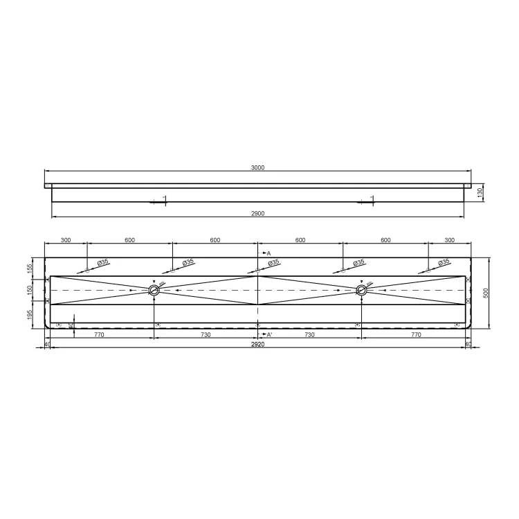 Rysunek techniczny - Umywalka wielostanowiskowa ścienna 3000x130x500 mm, stal nierdzewna mat