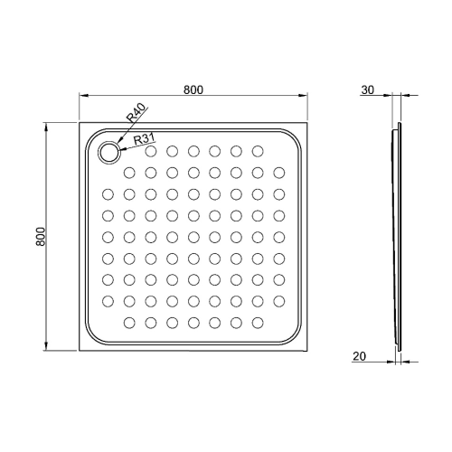 Rysunek techniczny - Brodzik 800x30x800 mm, stal nierdzewna mat