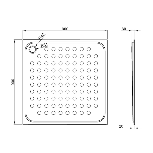 Rysunek techniczny - Brodzik 900x30x900 mm, stal nierdzewna mat