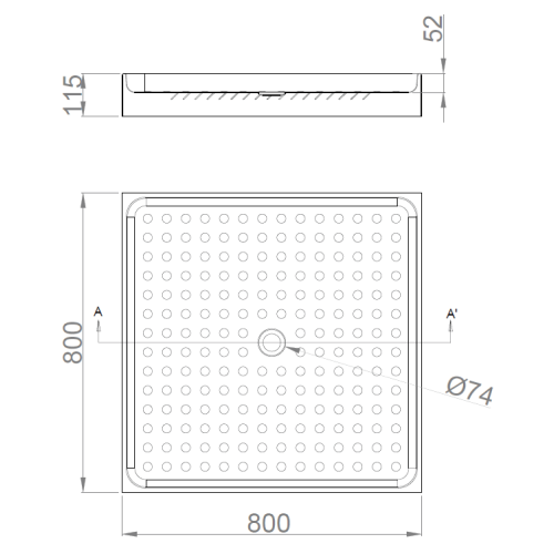 Rysunek techniczny - Brodzik 800x115x800 mm, stal nierdzewna mat