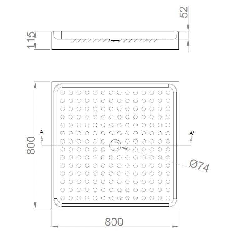 Rysunek techniczny - Brodzik 800x115x800 mm, stal nierdzewna mat