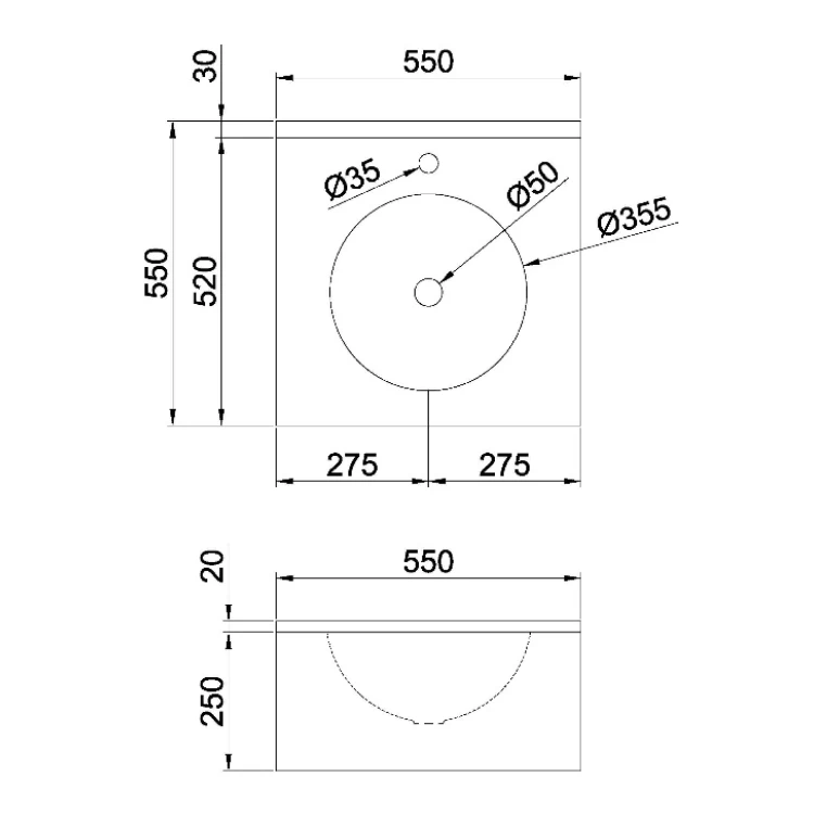 Rysunek techniczny - Umywalka z obudową 550x270x550 mm, stal nierdzewna mat