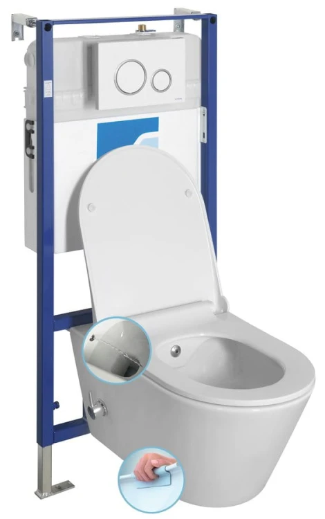 AVVA CLEANWASH WC wiszące Rimless prysznic bidetowy, zintegrowana bateria, stelaż podtynkowy z przyciskiem Schwab, biały
