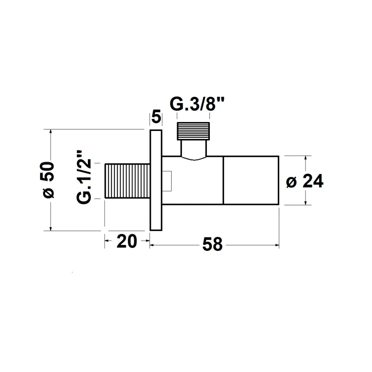 Rysunek techniczny - Zawór kątowy, 3/8" x 1/2", biały mat