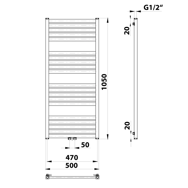 Rysunek techniczny - GRUNT grzejnik łazienkowy 500x1050mm, podłączenie środkowe, czarny mat