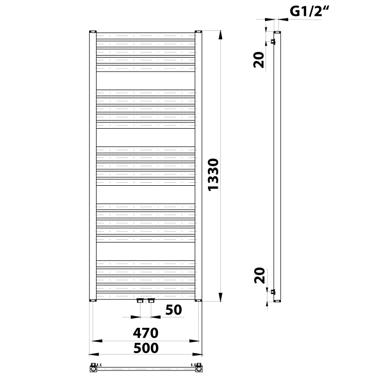 Rysunek techniczny - GRUNT grzejnik łazienkowy 500x1330 mm, podłączenie centralne, czarny mat